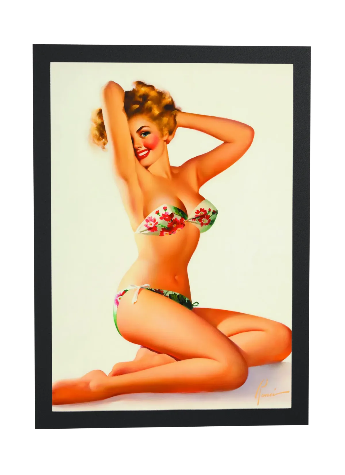 Pôster Pin-up loira de biquíni floral emoldurado