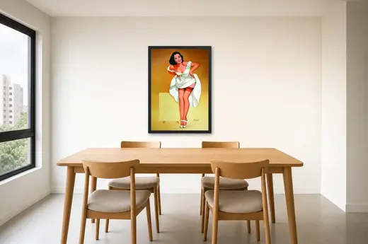 Pôster Pin-up morena de vestido branco emoldurado na parede: sala de jantar
