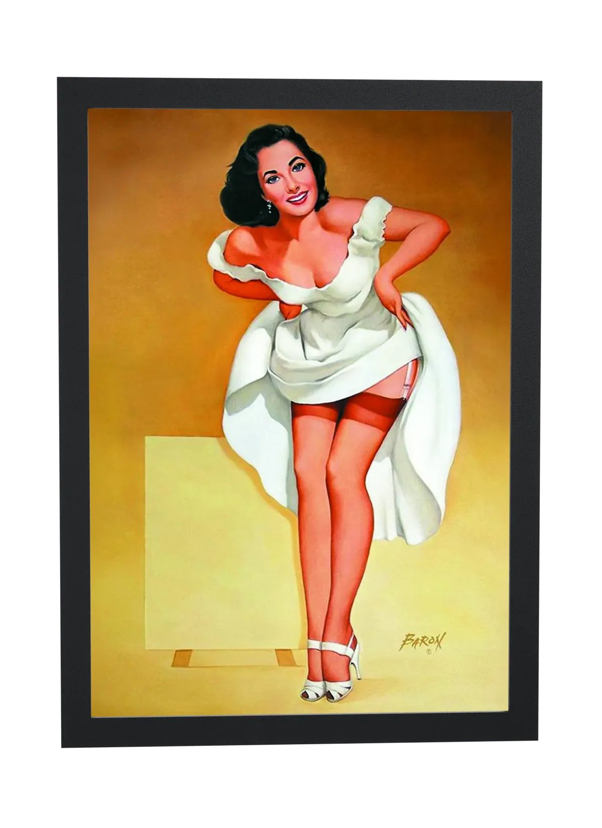 Pôster Pin-up morena de vestido branco emoldurado