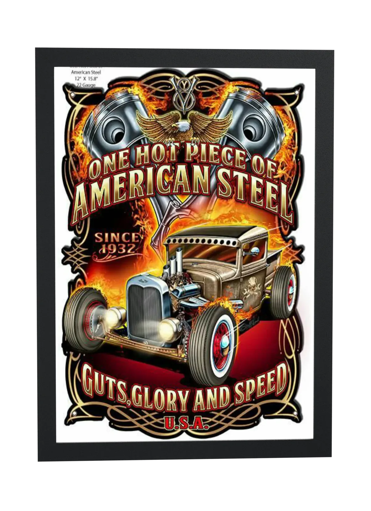Pôster Hot rod em chamas American Steel emoldurado