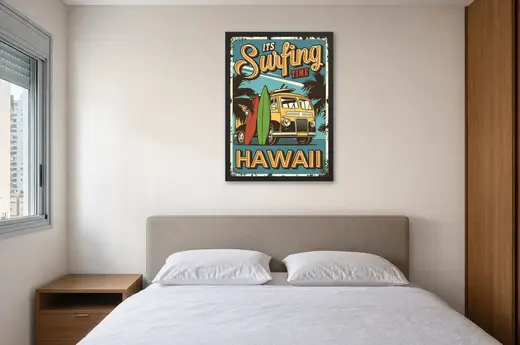 Pôster Surfing Time Hawaii emoldurado na parede: quarto de casal