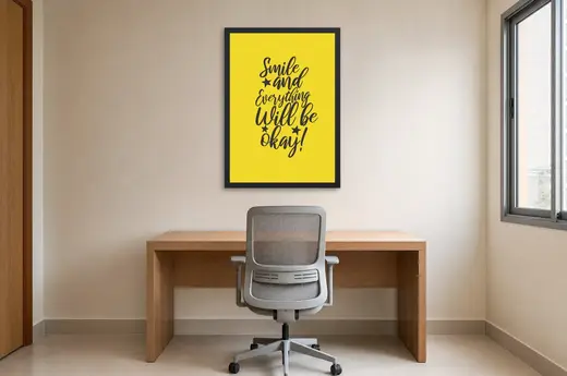 Pôster Smile and everything will be okay emoldurado na parede: home office