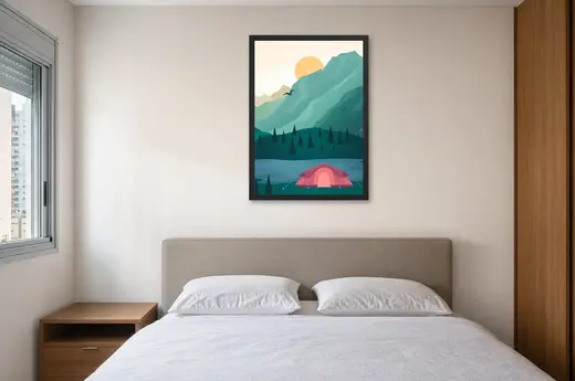Pôster Acampamento ilustrado nas montanhas emoldurado na parede: quarto de casal
