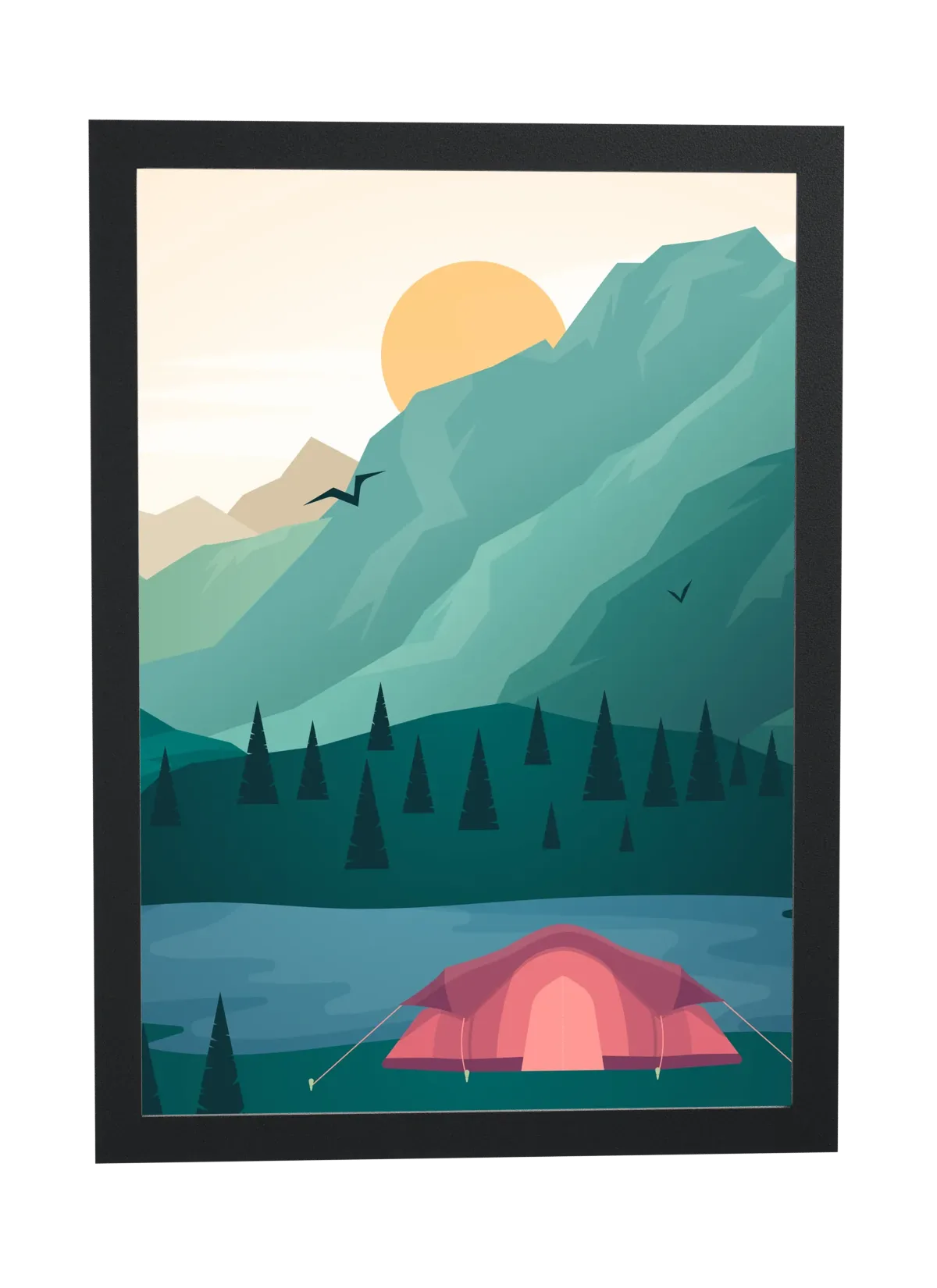 Pôster Acampamento ilustrado nas montanhas emoldurado