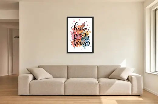 Pôster Home sweet home e casinhas coloridas emoldurado na parede: sala de estar ampla