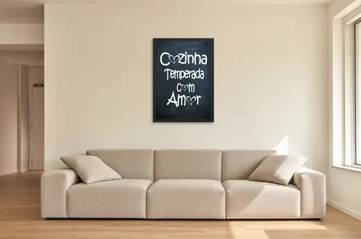 Pôster Cozinha temperada com amor emoldurado na parede: sala de estar ampla
