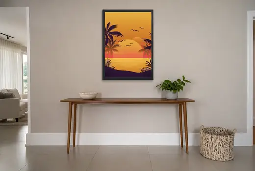 Pôster Pôr do sol tropical ilustrado emoldurado na parede: hall de entrada