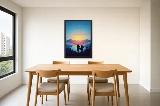 Pôster Casal caminhante ao pôr do sol emoldurado na parede: sala de jantar
