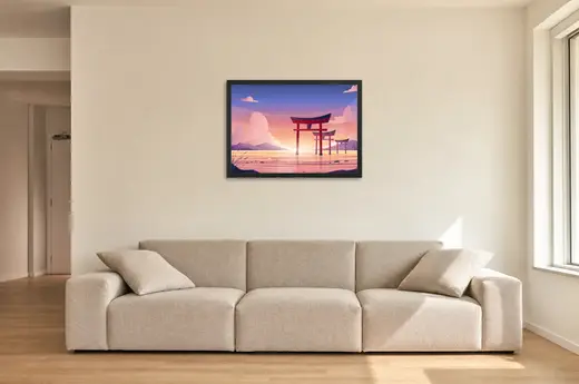 Pôster Portal torii ao entardecer emoldurado na parede: sala de estar ampla
