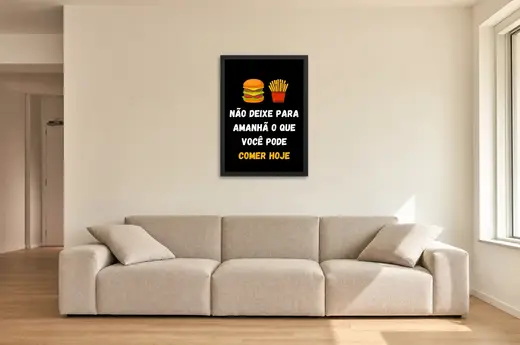 Pôster O que você pode comer hoje emoldurado na parede: sala de estar ampla