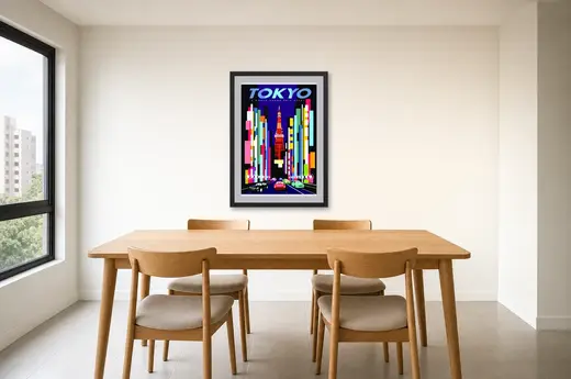 Pôster Skyline colorido de Tóquio emoldurado na parede: sala de jantar