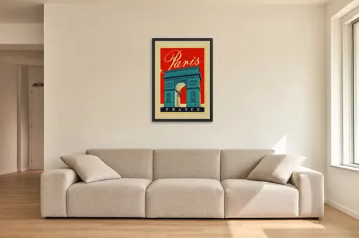 Pôster Arco do Triunfo estilo retrô emoldurado na parede: sala de estar ampla