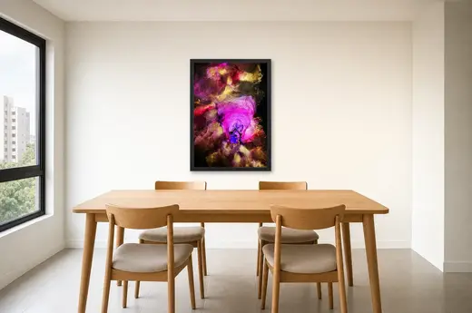Pôster Magenta e ouro sobre fundo preto emoldurado na parede: sala de jantar