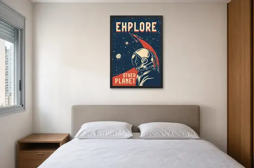 Pôster Astronauta explorador estilo retrô emoldurado na parede: quarto de casal