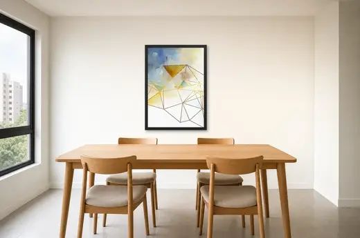 Pôster Linhas douradas sobre aquarela azul emoldurado na parede: sala de jantar