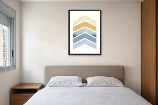 Pôster Chevrons em bege, mostarda e azul emoldurado na parede: quarto de casal