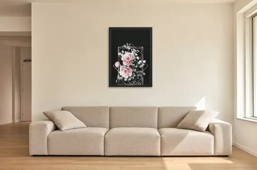 Pôster Rosas rosadas entre linhas geométricas emoldurado na parede: sala de estar ampla