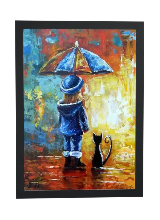 Pôster Menina de guarda-chuva com gato preto emoldurado