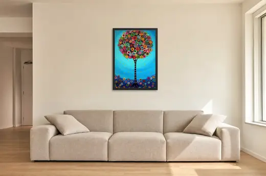 Pôster Árvore de flores coloridas emoldurado na parede: sala de estar ampla