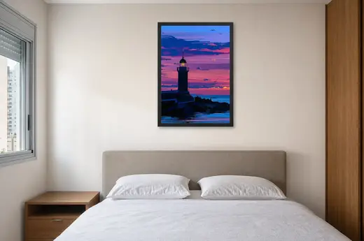 Pôster Farol aceso sob céu roxo emoldurado na parede: quarto de casal