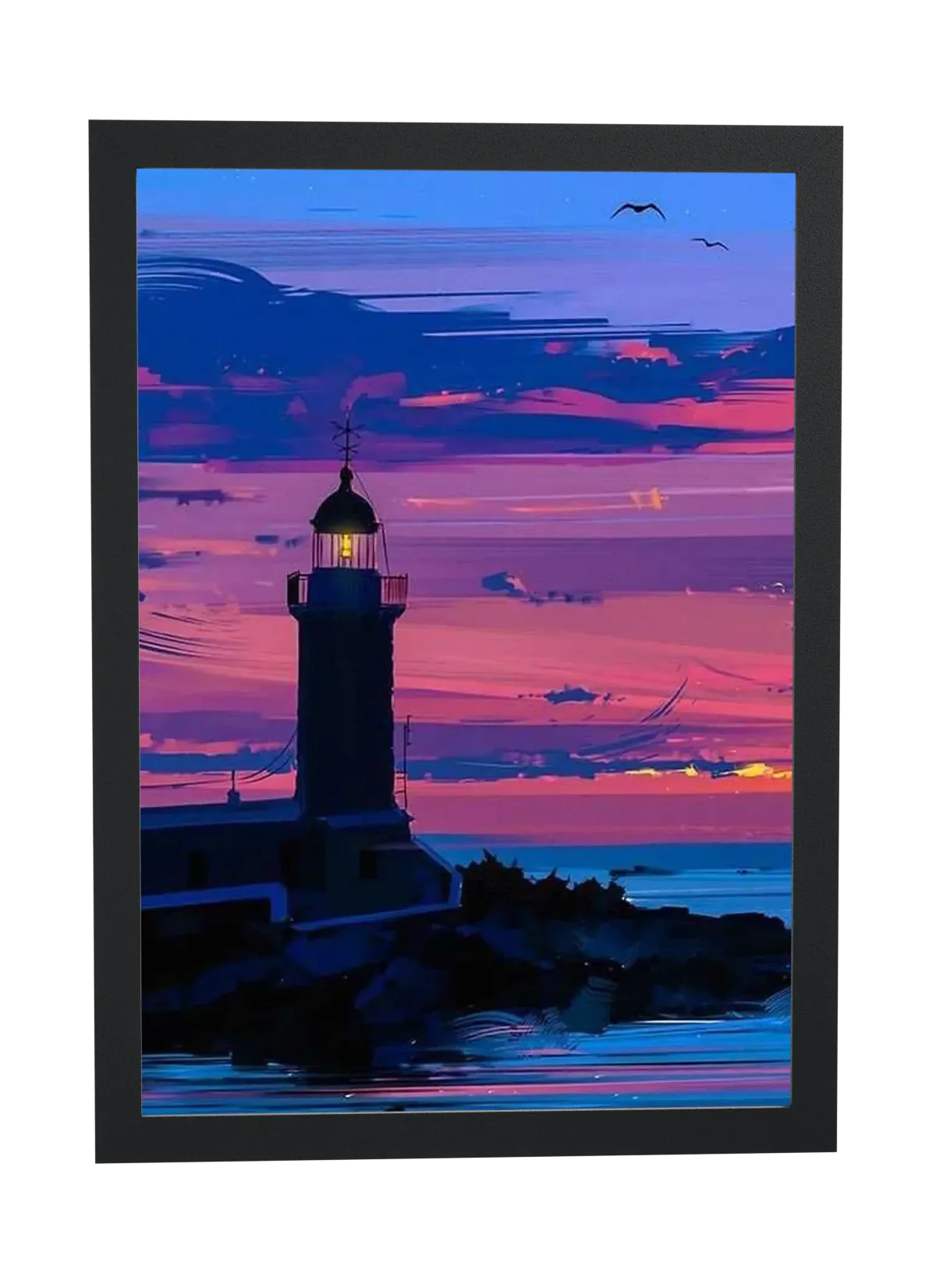 Pôster Farol aceso sob céu roxo emoldurado