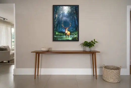 Pôster Cervo na floresta de raios emoldurado na parede: hall de entrada