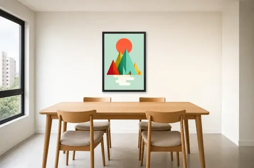 Pôster Tenda entre picos e sol vermelho emoldurado na parede: sala de jantar
