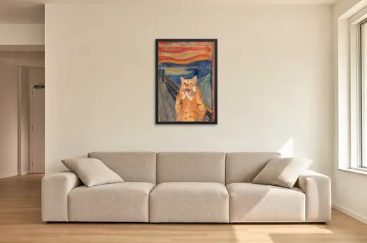 Pôster Gato laranja no Grito de Munch emoldurado na parede: sala de estar ampla