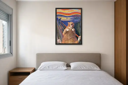 Pôster Gato gordo gritando em pastel emoldurado na parede: quarto de casal
