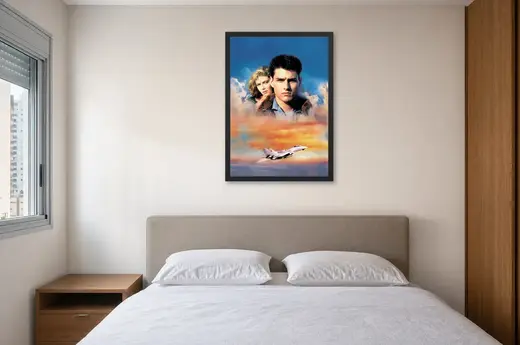 Pôster Top Gun (1986): caça no céu do entardecer emoldurado na parede: quarto de casal