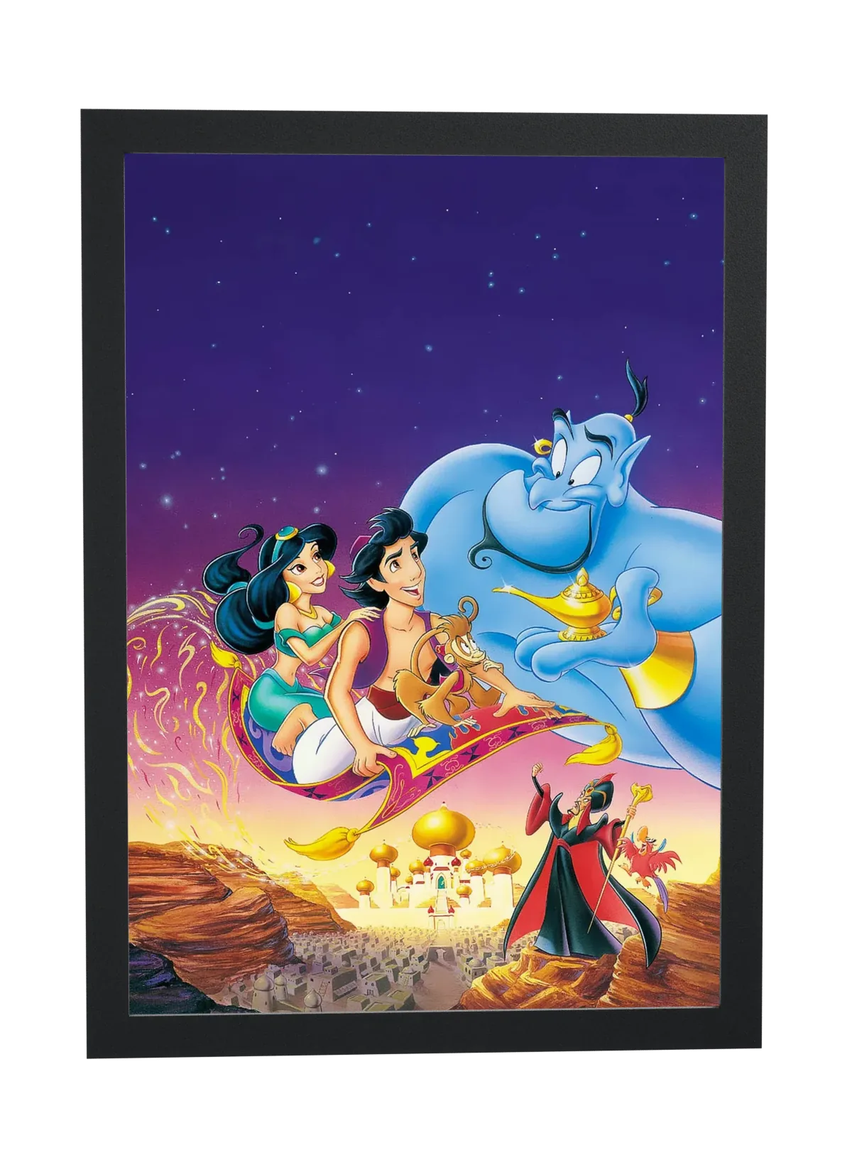 Pôster Aladdin (1992): tapete voador e o Gênio emoldurado