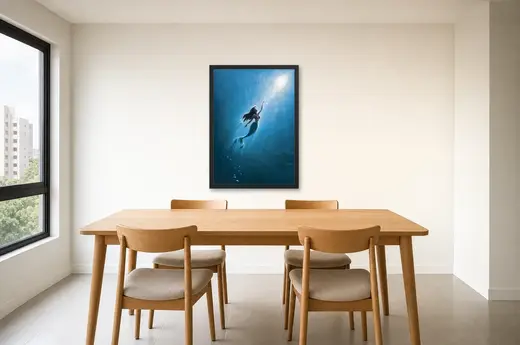 Pôster A Pequena Sereia (1989): Ariel nadando para a luz emoldurado na parede: sala de jantar