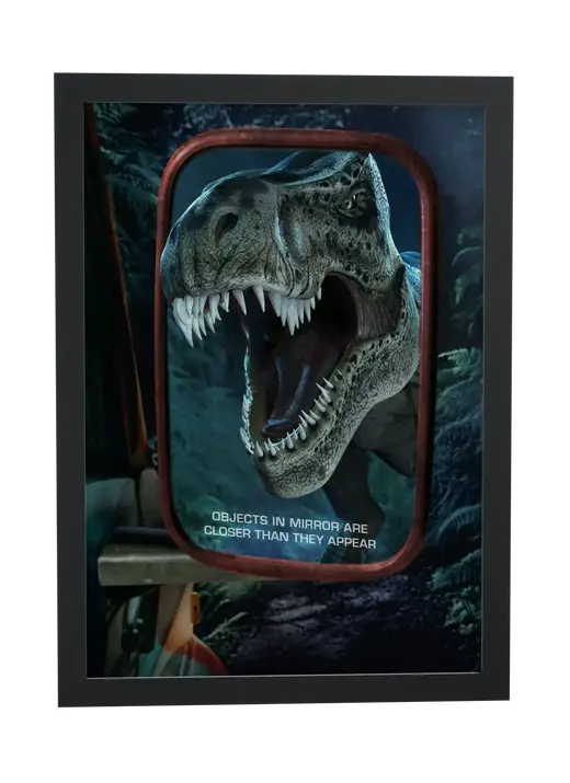 Pôster Jurassic Park (1995): tiranossauro no espelho retrovisor emoldurado