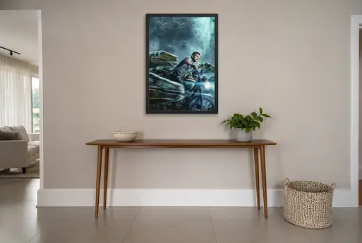 Pôster Jurassic World (2015): Owen e os velociraptores de moto emoldurado na parede: hall de entrada
