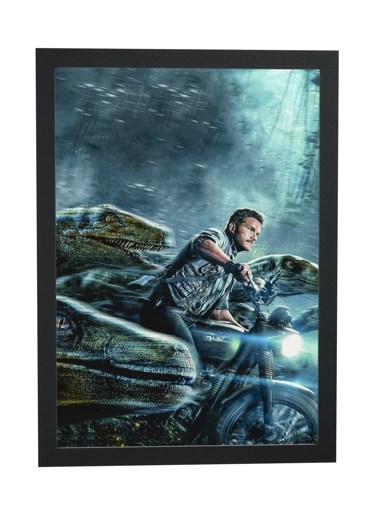 Pôster Jurassic World (2015): Owen e os velociraptores de moto emoldurado