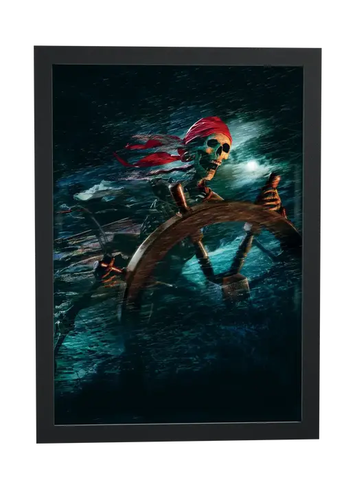 Pôster Piratas do Caribe (2003): esqueleto ao leme emoldurado