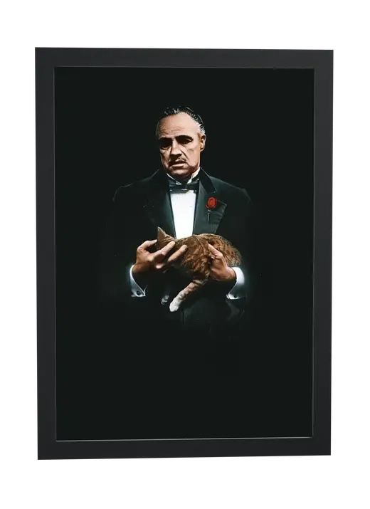Pôster O Poderoso Chefão (1972): Vito Corleone com o gato no colo emoldurado