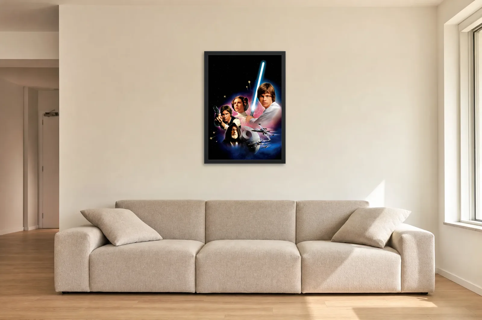 Pôster Star Wars Uma Nova Esperança (1977): Luke, Leia e Han emoldurado na parede