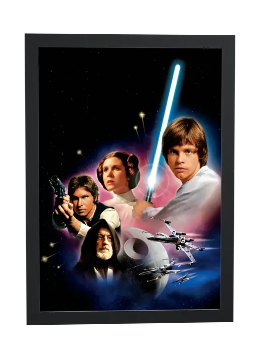 Pôster Star Wars Uma Nova Esperança (1977): Luke, Leia e Han emoldurado