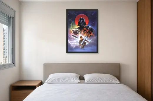 Pôster Star Wars O Império Contra-Ataca (1980): Luke, Yoda e Han emoldurado na parede: quarto de casal