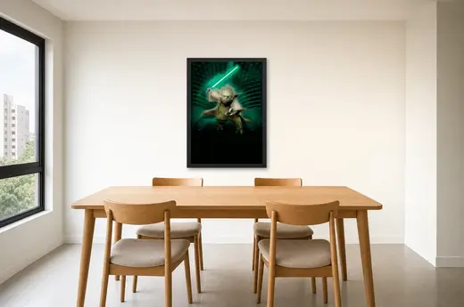 Pôster Star Wars A Vingança dos Sith (2005): Yoda com o sabre verde emoldurado na parede: sala de jantar