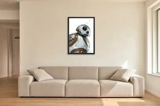 Pôster Star Wars O Despertar da Força (2015): BB-8 em close emoldurado na parede: sala de estar ampla