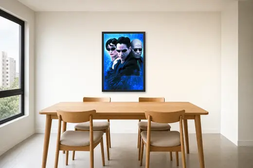 Pôster Matrix (1999): Neo, Trinity e Morpheus em azul emoldurado na parede: sala de jantar