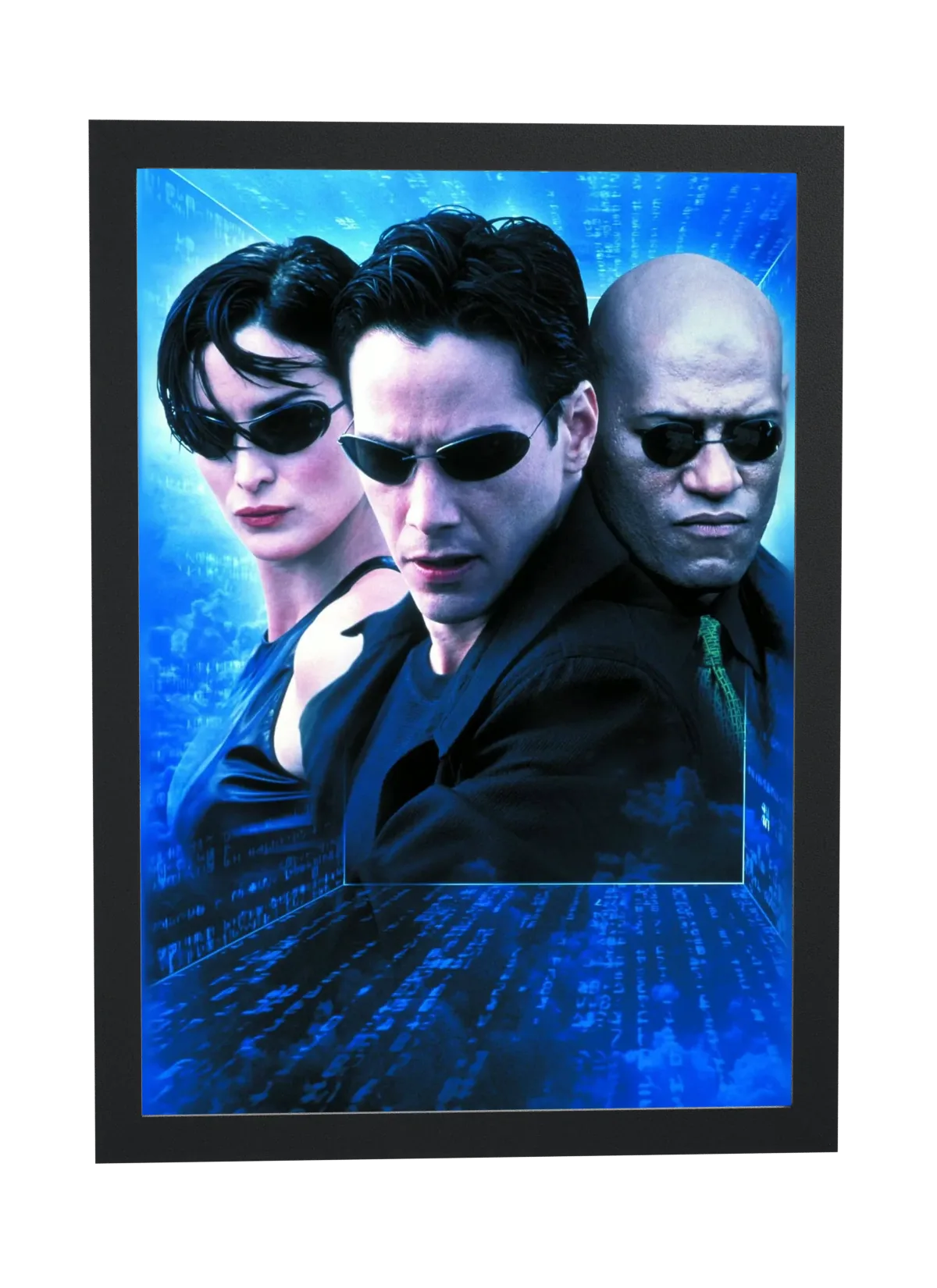 Pôster Matrix (1999): Neo, Trinity e Morpheus em azul emoldurado