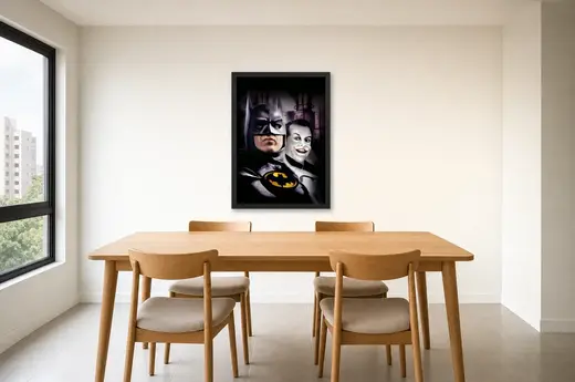 Pôster Batman (1989): Batman e Coringa lado a lado emoldurado na parede: sala de jantar