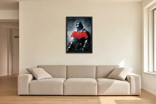 Pôster Batman vs Superman (2016): Batman com o símbolo vermelho emoldurado na parede: sala de estar ampla