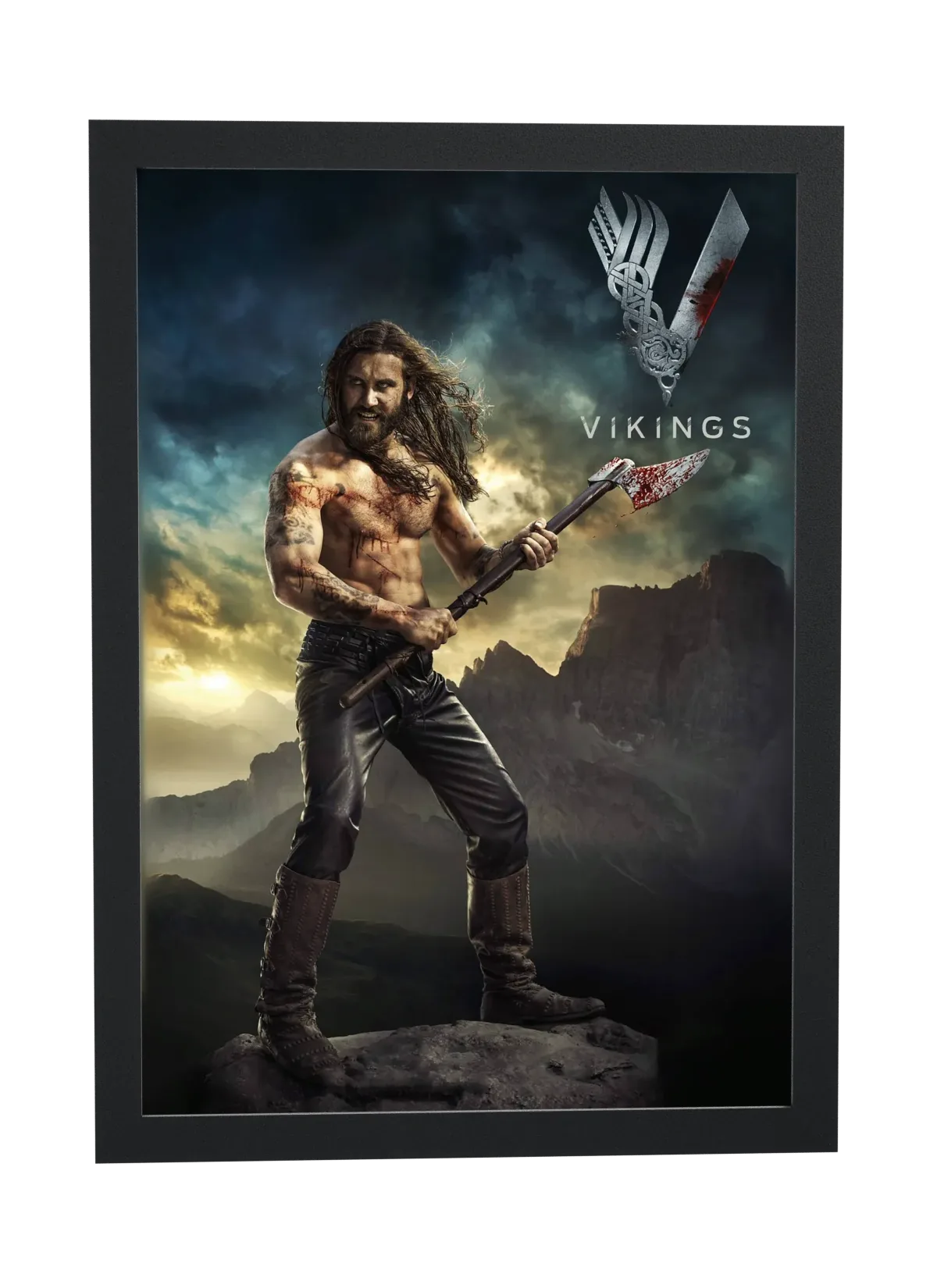 Pôster Vikings (2013): guerreiro tatuado com machado sangrento emoldurado