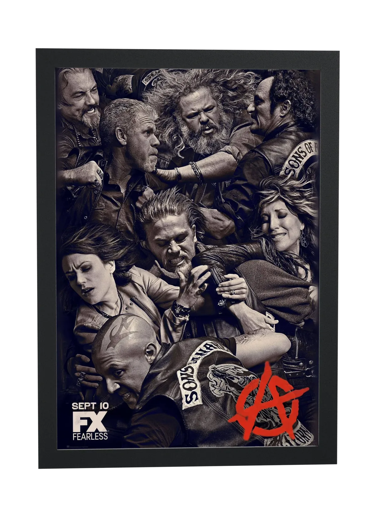Pôster Sons of Anarchy (2008): clube em pilha e o A vermelho emoldurado