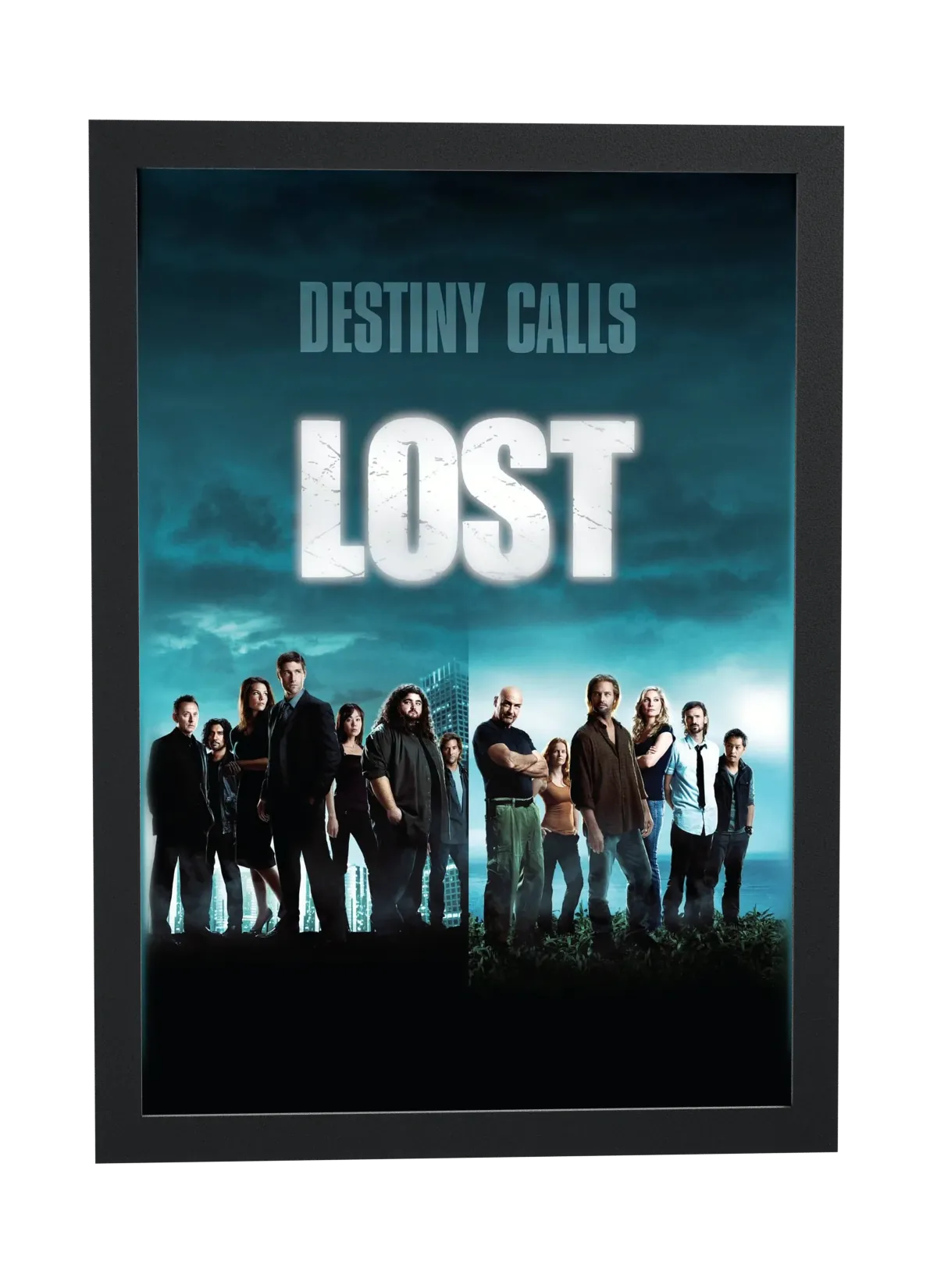 Pôster Lost (2004): sobreviventes alinhados sob o logotipo emoldurado