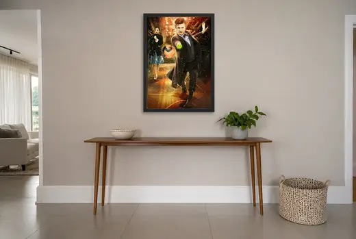 Pôster Doctor Who (2005): Doutor e acompanhante entre faíscas emoldurado na parede: hall de entrada